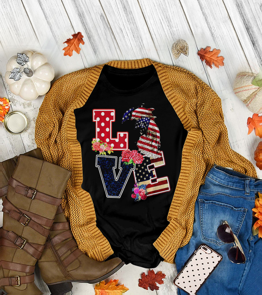 American Flag Love Dolphin Flower T-Shirt