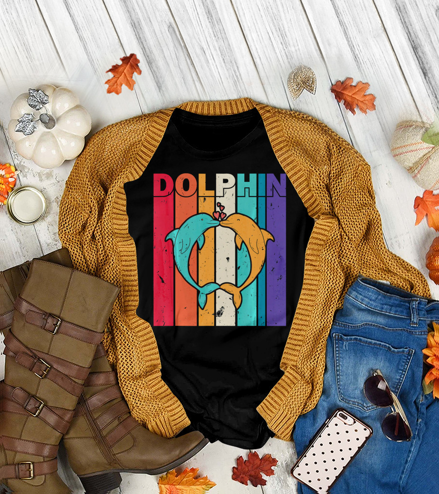 Dolphin Love Colorful Beach Stripes T-Shirt