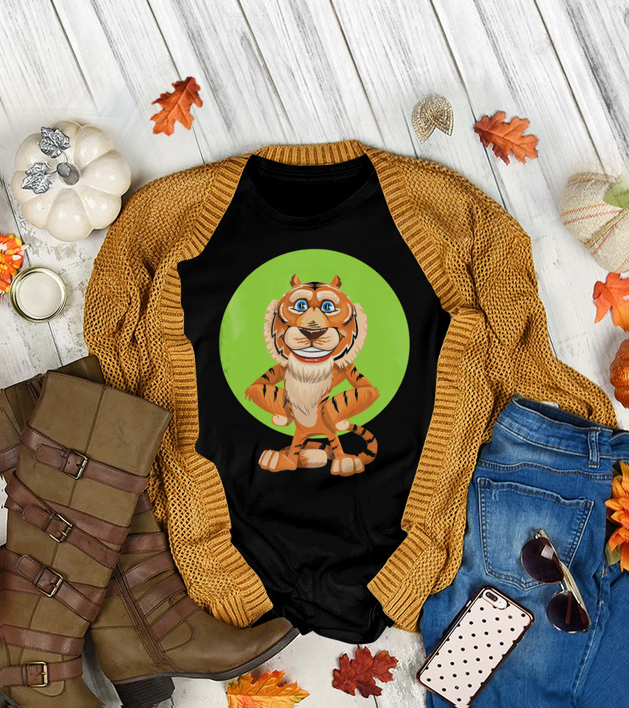Smiling Tiger with Bright Green Background T-Shirt