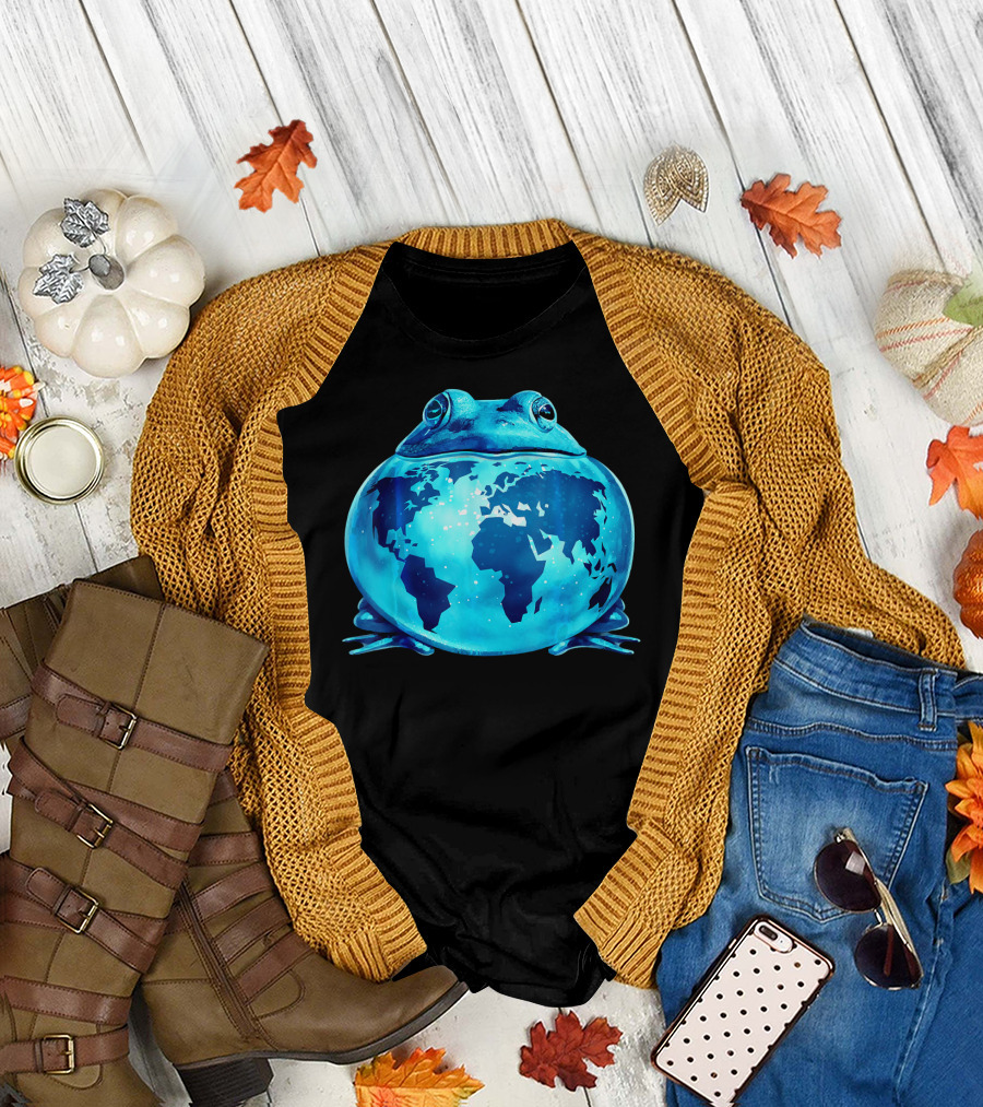 Blue Earth Frog with World Map T-Shirt
