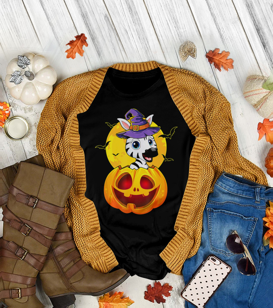 Zebra Witch Hat in Jack O Lantern with Moon and Bats T-Shirt