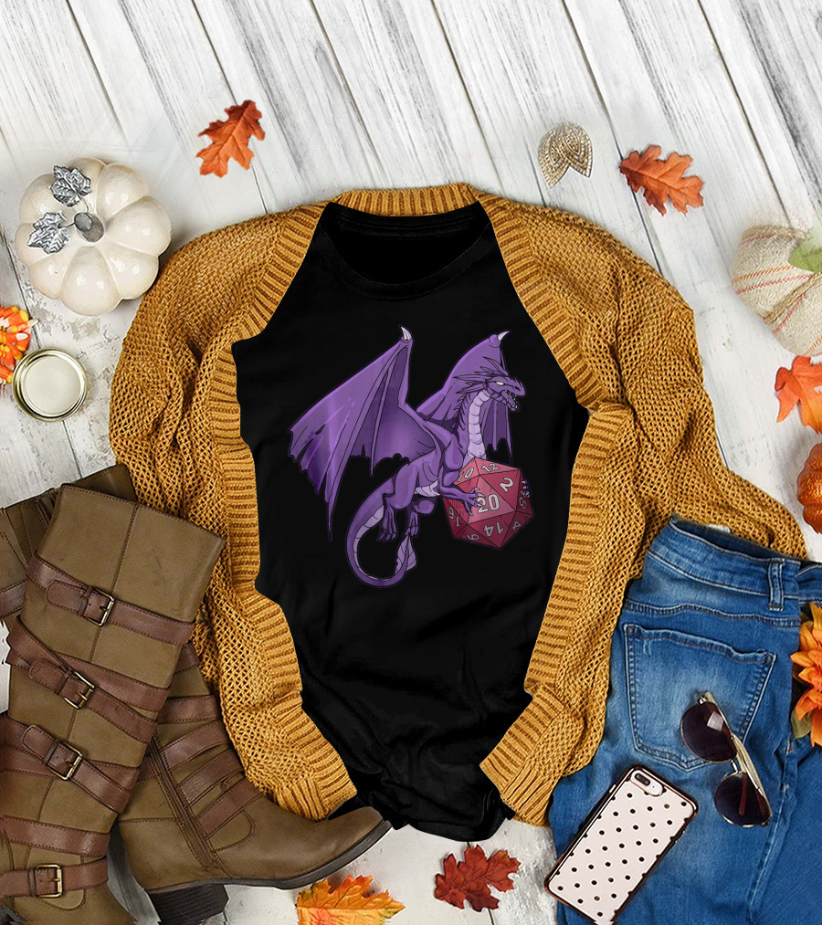 Purple Dragon with D20 Dice for Tabletop Gaming T-Shirt