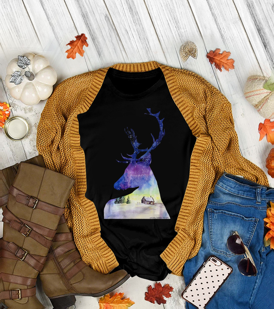 Beautiful Deer Winter Scene with Cabin and Snowy Landscape T-Shirt