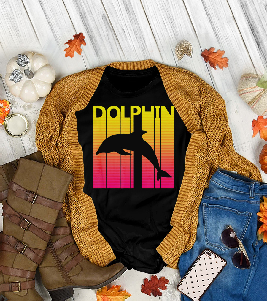 1980s Retro Dolphin Sunset Stripe Animal Lover T-Shirt