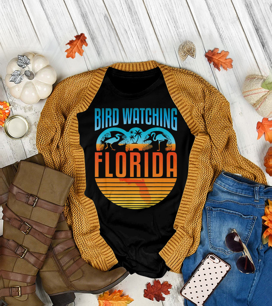Bird Watching Florida Flamingo Logo Sunset Scene T-Shirt