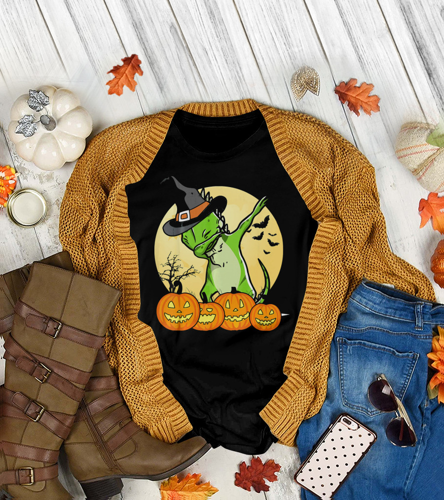 Dabbing Iguana Witch Hat Halloween Pumpkins Bats Dance Funny Pet T-Shirt