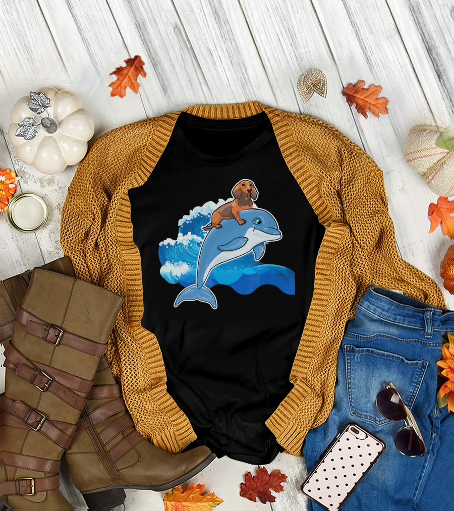 Dachshund Riding on a Dolphin Waving Through the Ocean T-Shirt