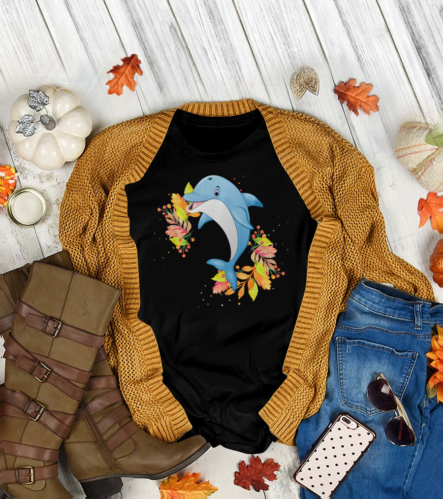 Cute Dolphin with Autumn Leaves Circle T-Shirt