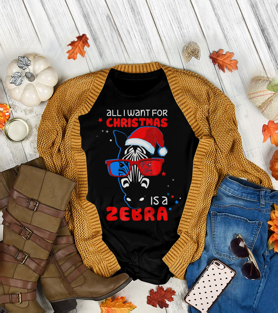 All I Want For Christmas Is A Zebra Wearing Santa Hat and 3D Glasses T-Shirt