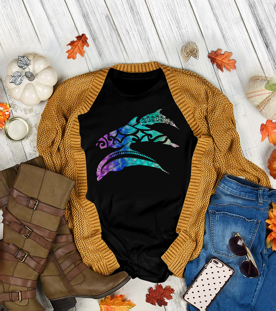 Colorful Dolphins Ocean Life Tribal Pattern Series T-Shirt