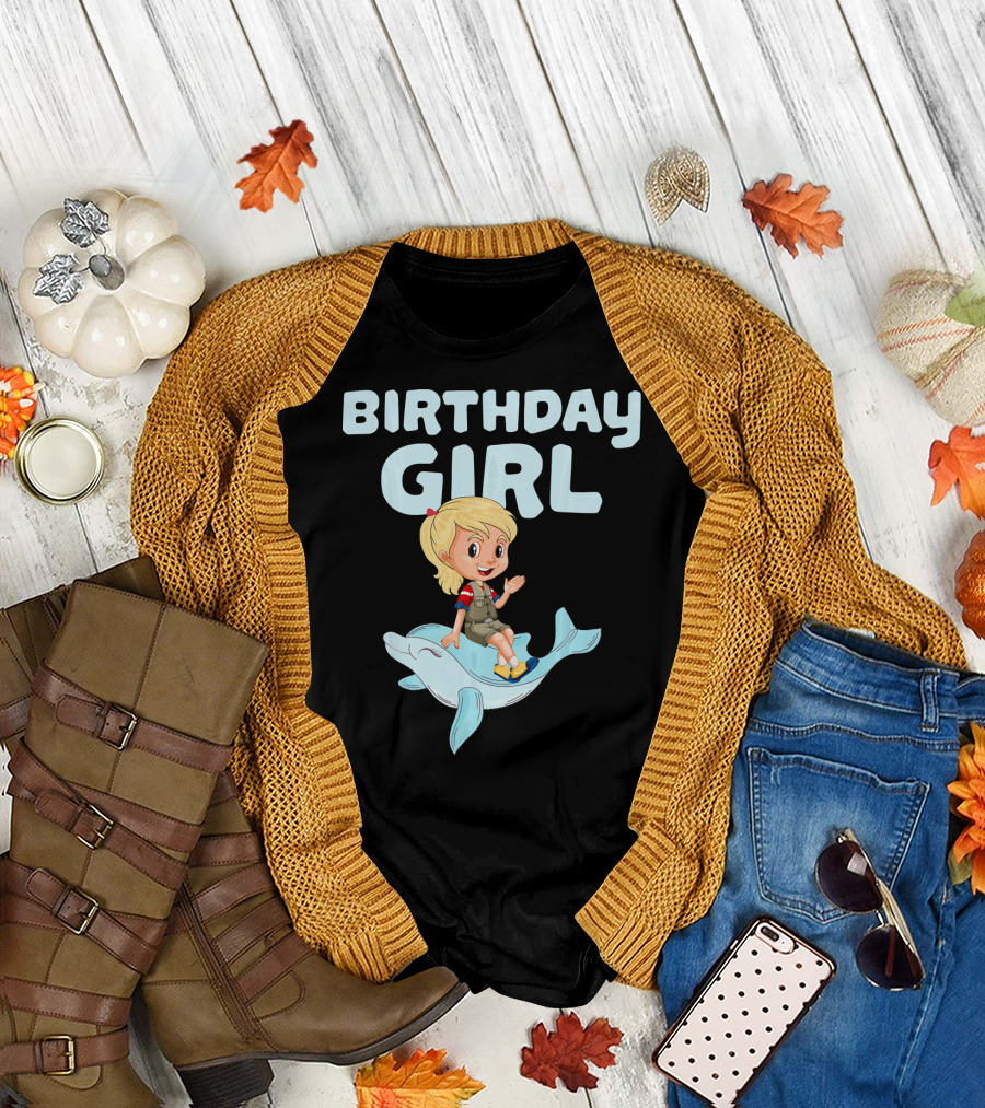 Birthday Girl Riding Dolphin Print For A Girl T-Shirt