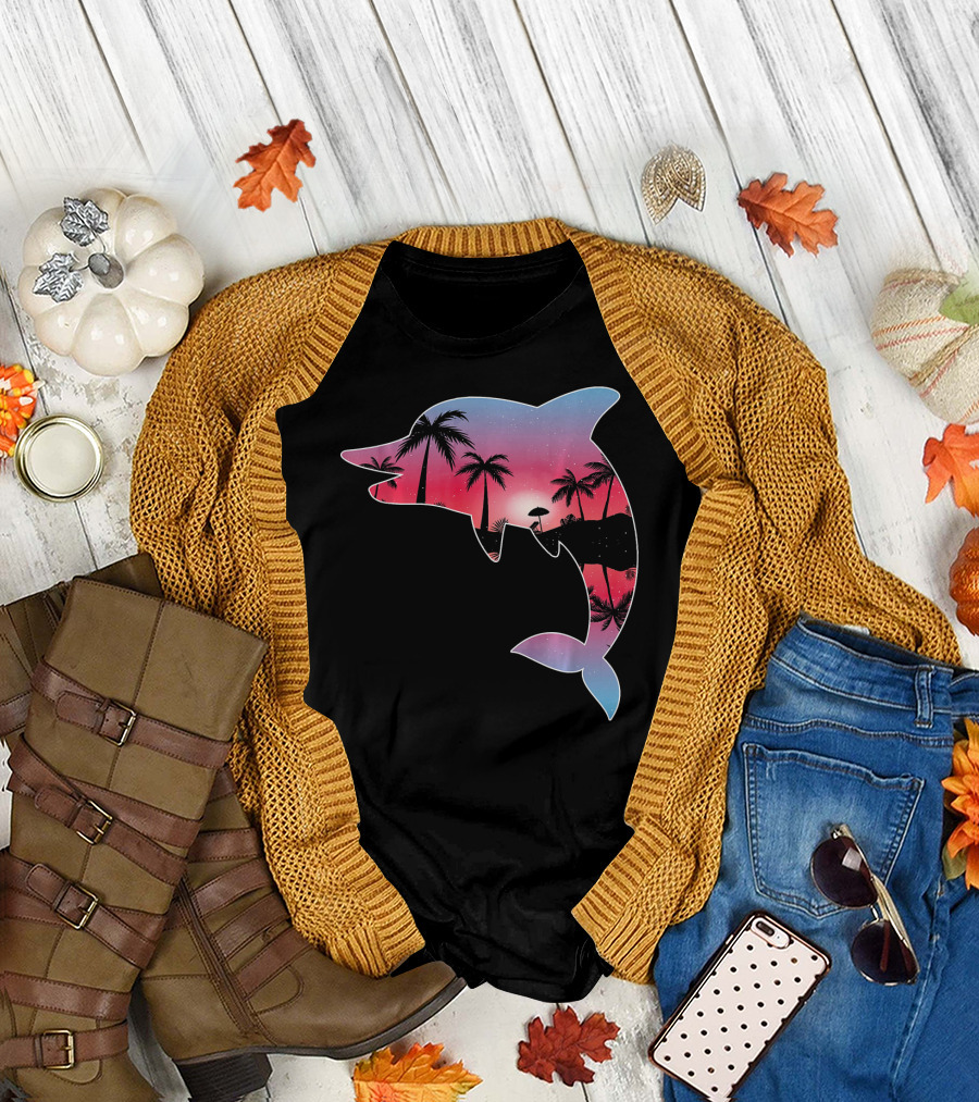 Dolphin Palm Tree Sunset Beach T-Shirt