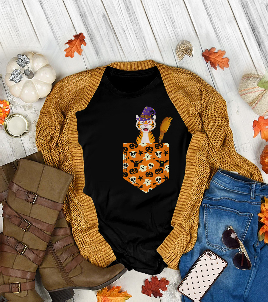 Cute Tiger Pumpkin Pocket Halloween Costume with Witch Hat and Broom T-Shirt
