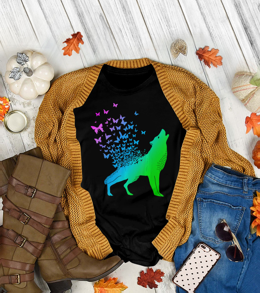 Butterfly and Wolf in Vibrant Nature Transformation T-Shirt