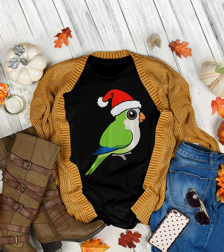 Cute Monk Parakeet Santa Hat Festive Holiday T-Shirt
