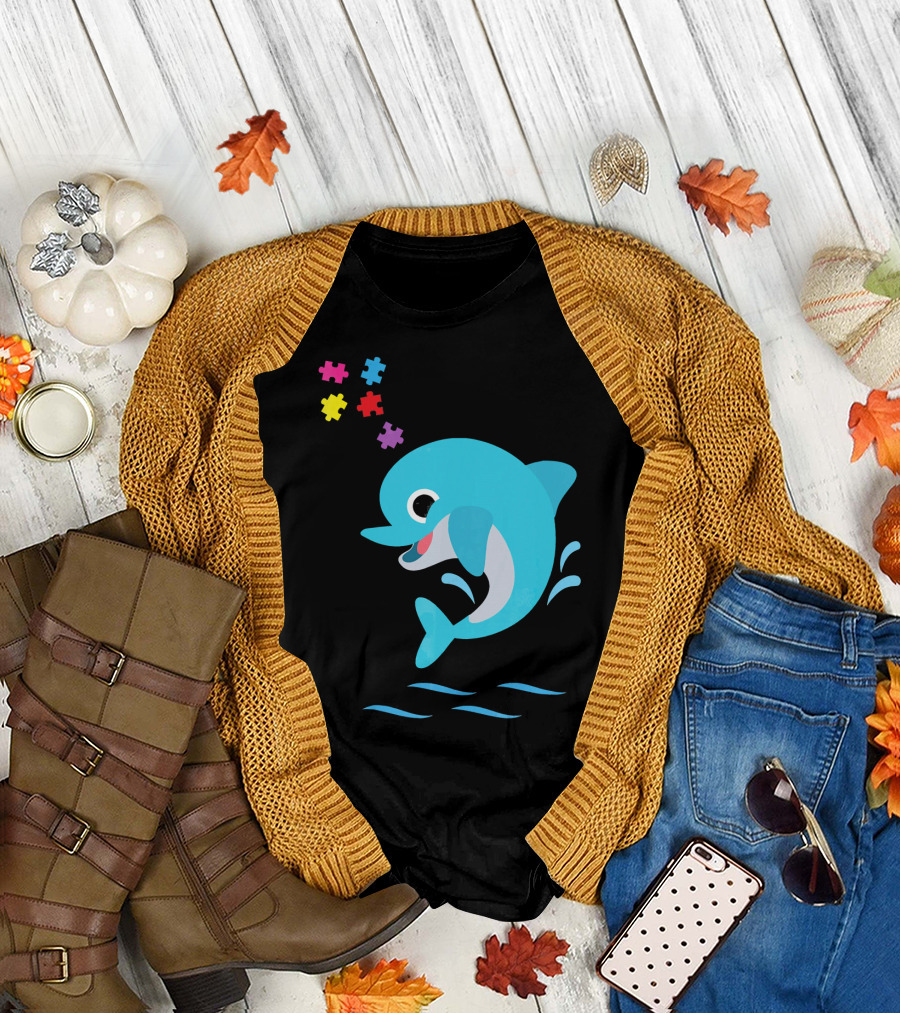 Autism Awareness Kids Puzzle Piece Dolphin Splash T-Shirt