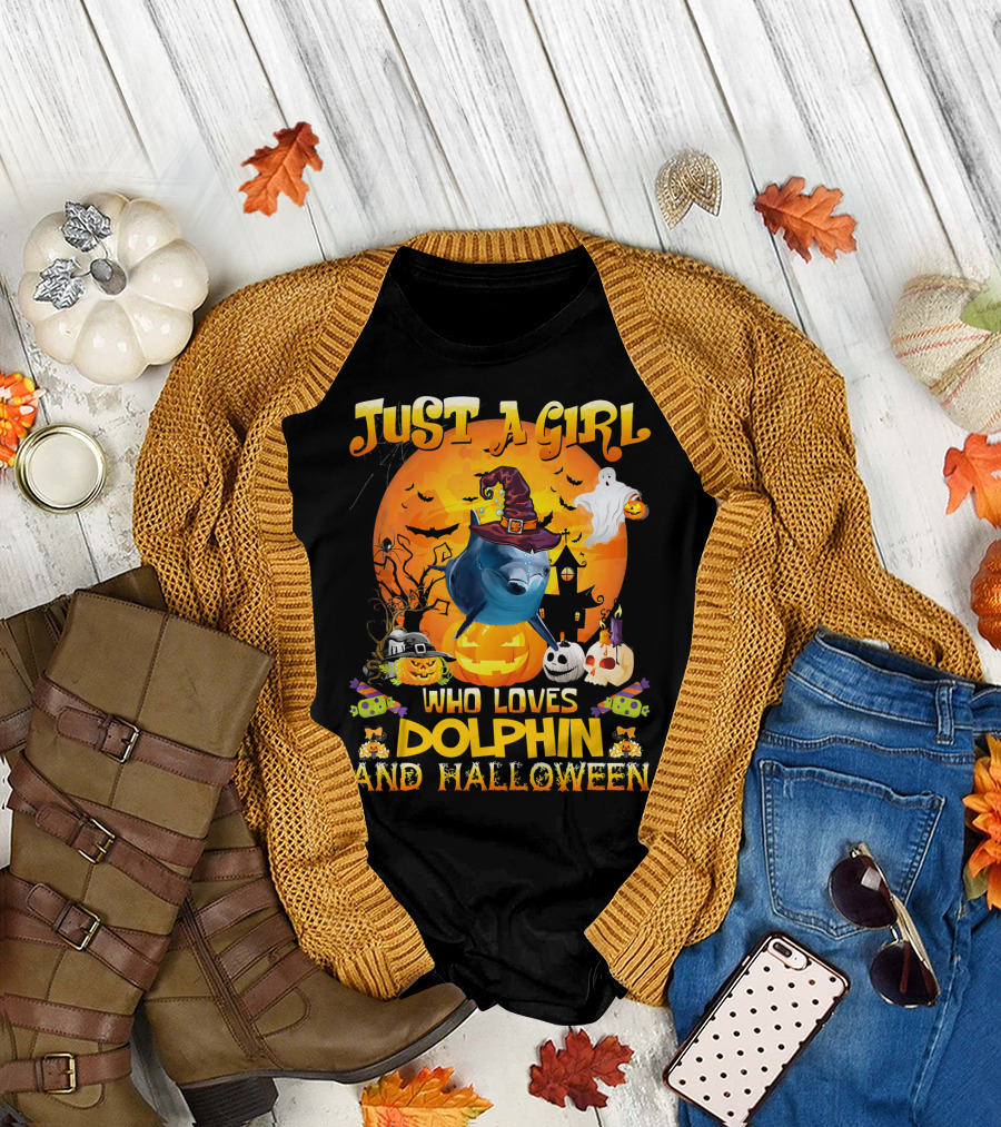 Just A Girl Who Loves Dolphin and Halloween T-Shirt