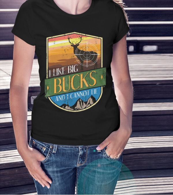 I Like Big Bucks With Deer And Mountains Retro Badge T-Shirt