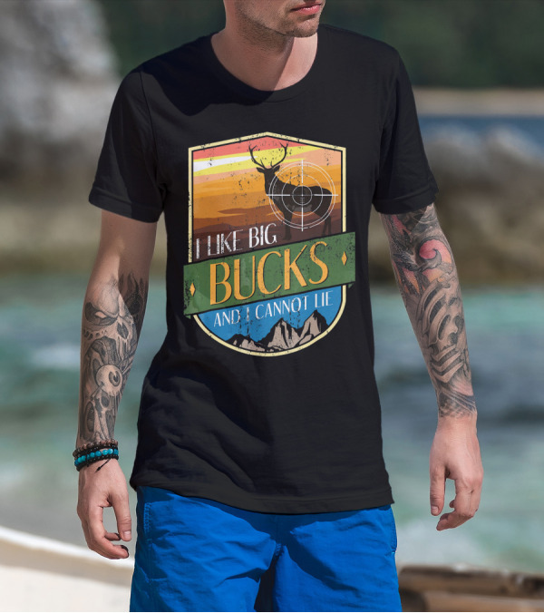 I Like Big Bucks With Deer And Mountains Retro Badge T-Shirt