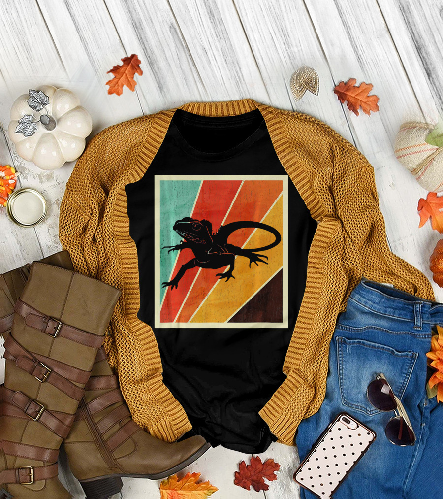 Kids Retro Iguana Silhouette Colorful Stripes T-Shirt