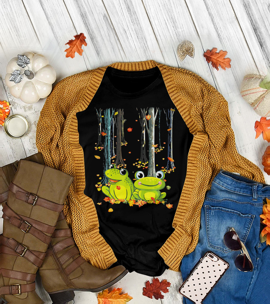 Frogs in Fall Forest with Maple Leaves Hello Autumn T-Shirt