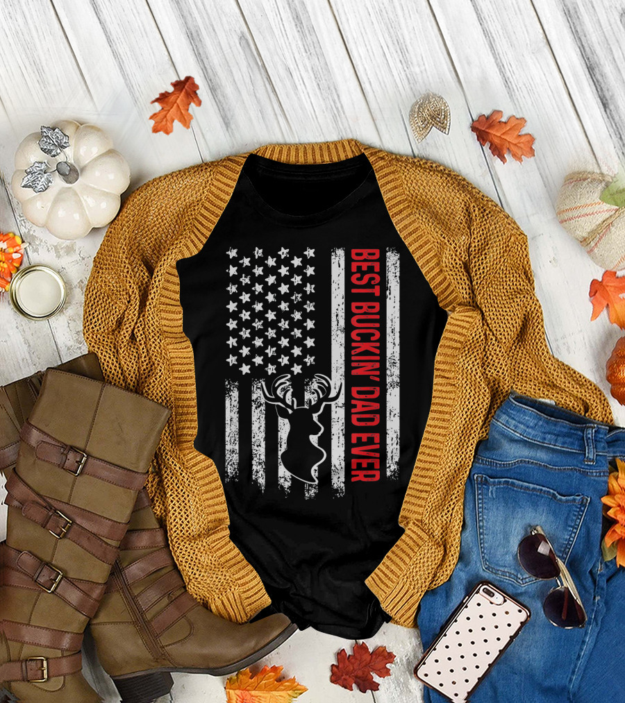 Mens Best Buckin Dad Ever Deer Hunter Patriotic Flag T-Shirt