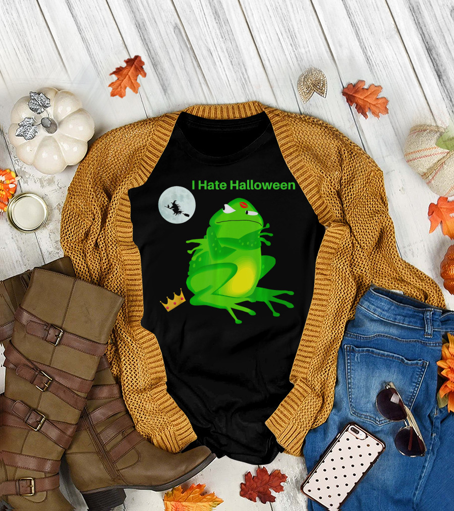 I Hate Halloween Frog with Moon Witch and Crown T-Shirt