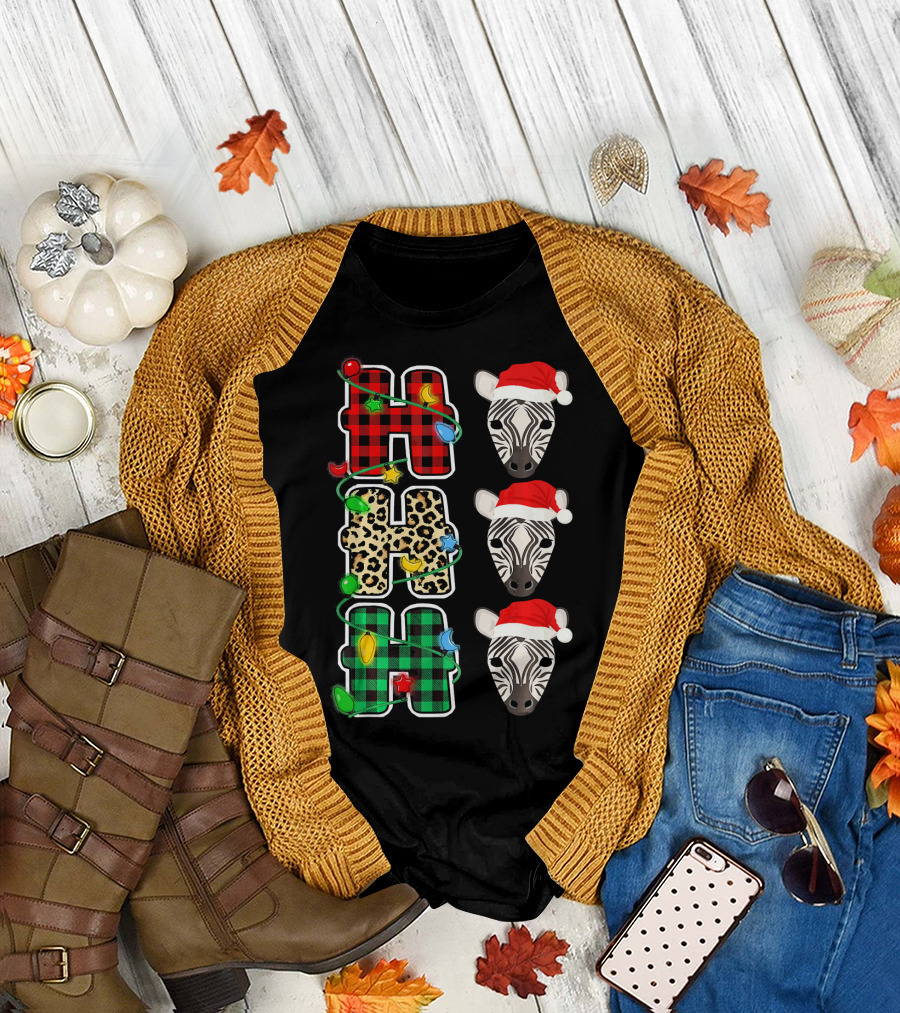 HO HO HO Santa Hat Zebra Leopard Plaid Christmas Lights T-Shirt