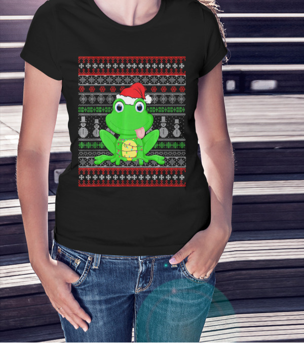 Funny Santa Hat Frog Christmas Lights Ugly T-Shirt