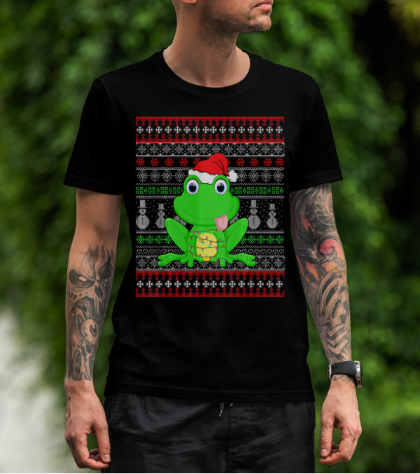 Funny Santa Hat Frog Christmas Lights Ugly T-Shirt