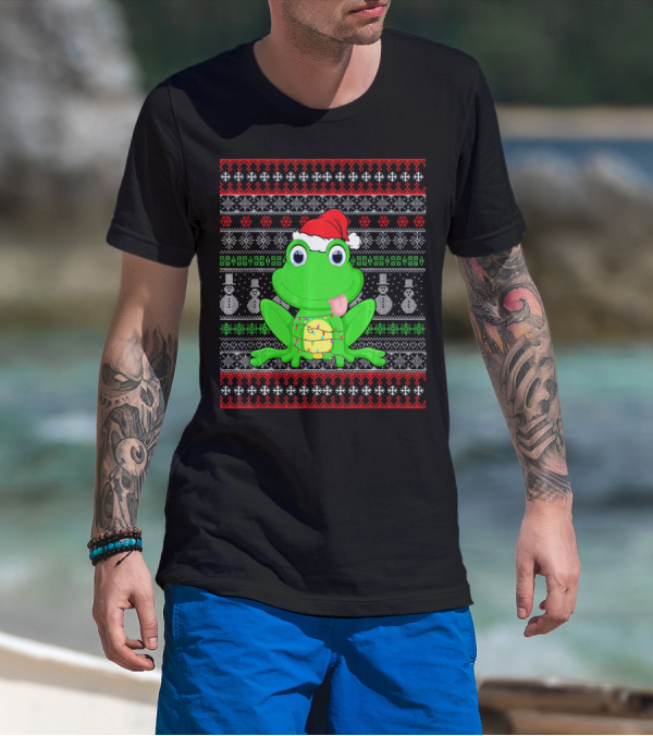 Funny Santa Hat Frog Christmas Lights Ugly T-Shirt