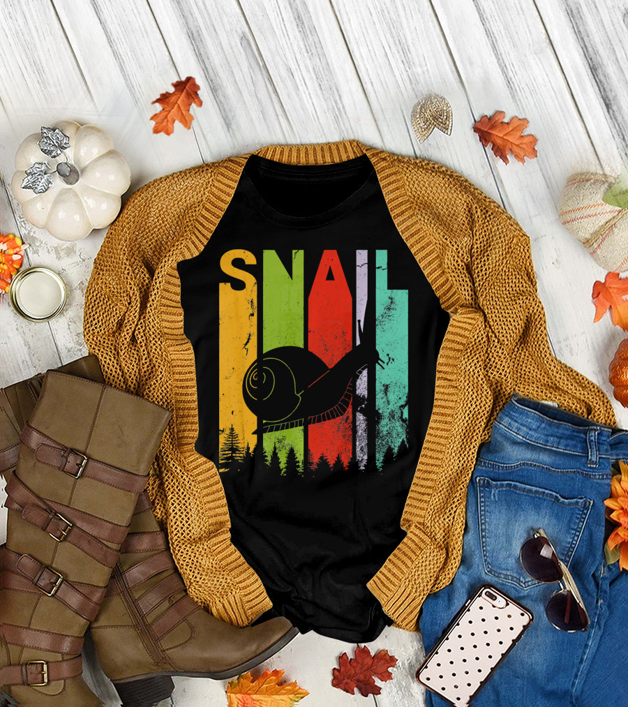 Vintage Retro Snail Lover Silhouette with Colorful Forest Stripes T-Shirt