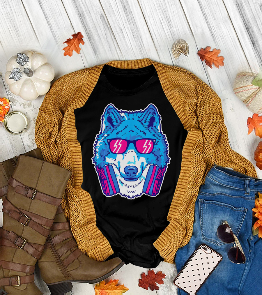 EDM Raver Wolf with Headphones and Sunglasses Electric Blue Neon T-Shirt