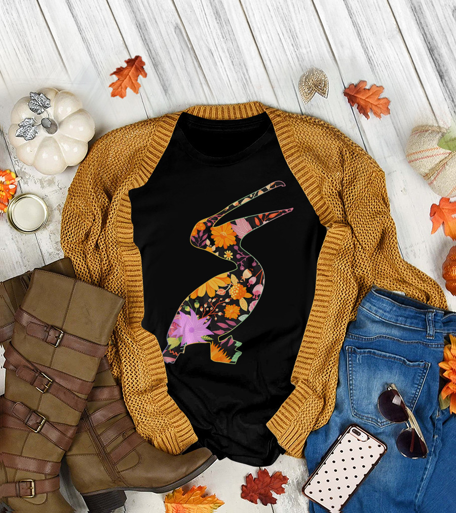 Floral Flower Vintage Retro PELI Pelican Silhouette with Colorful Blooms T-Shirt