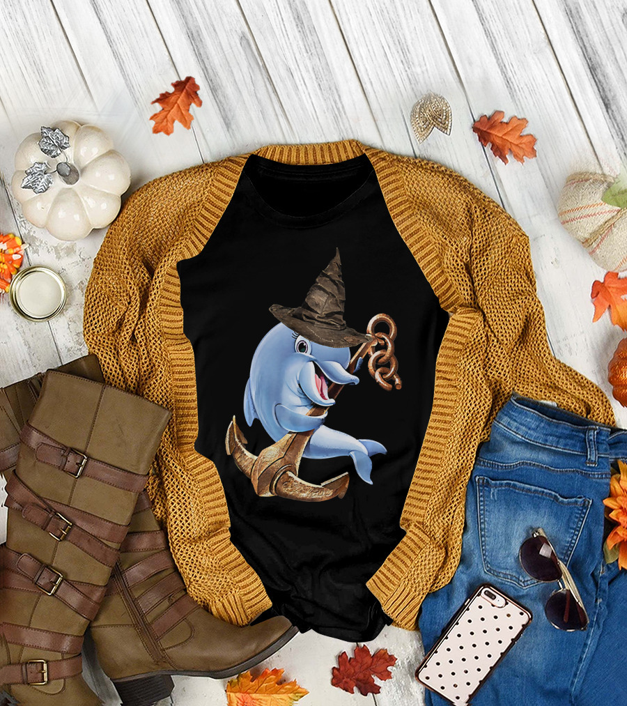 Halloween Dolphin with Witch Hat Holding Anchor 3D T-Shirt