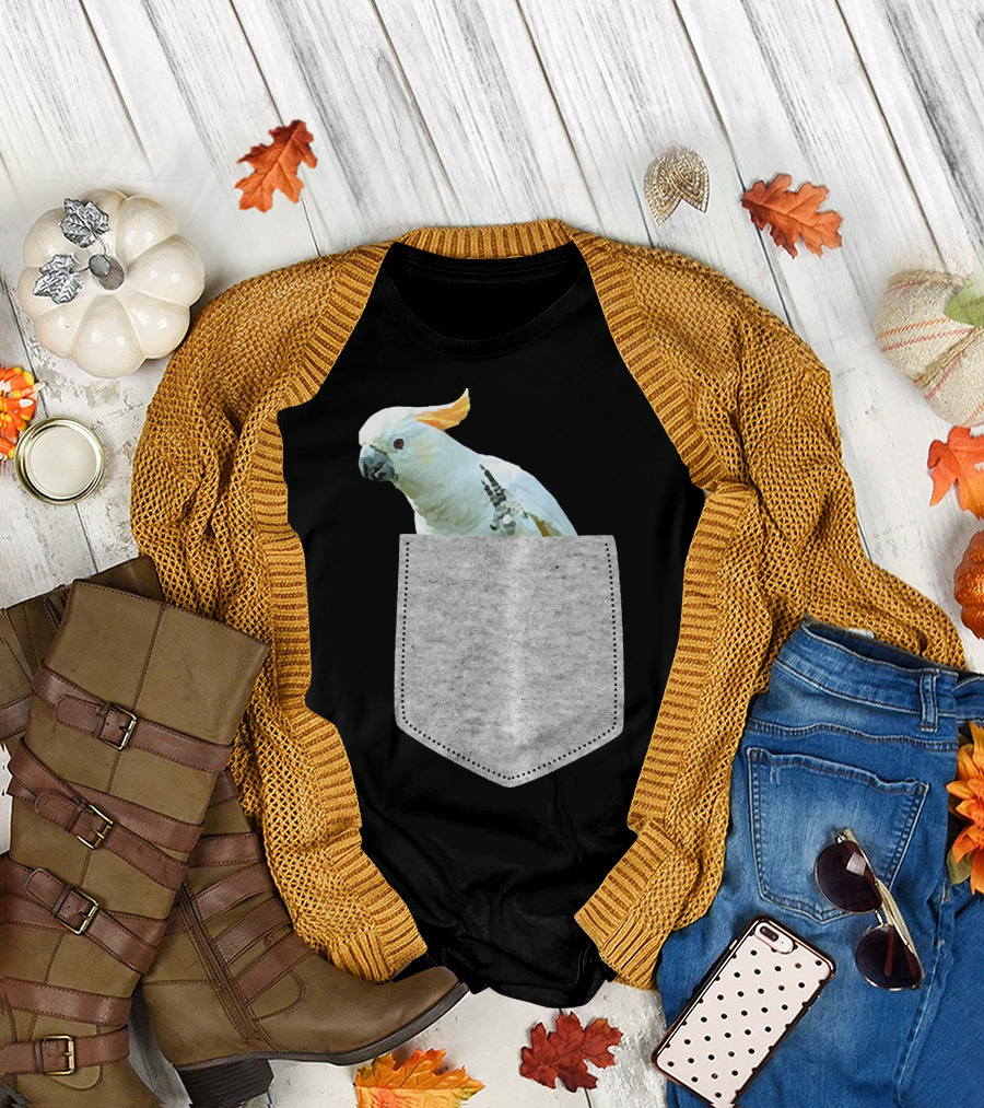 Fake Pocket Cockatoo Bird Peeking Out of Gray Pocket T-Shirt