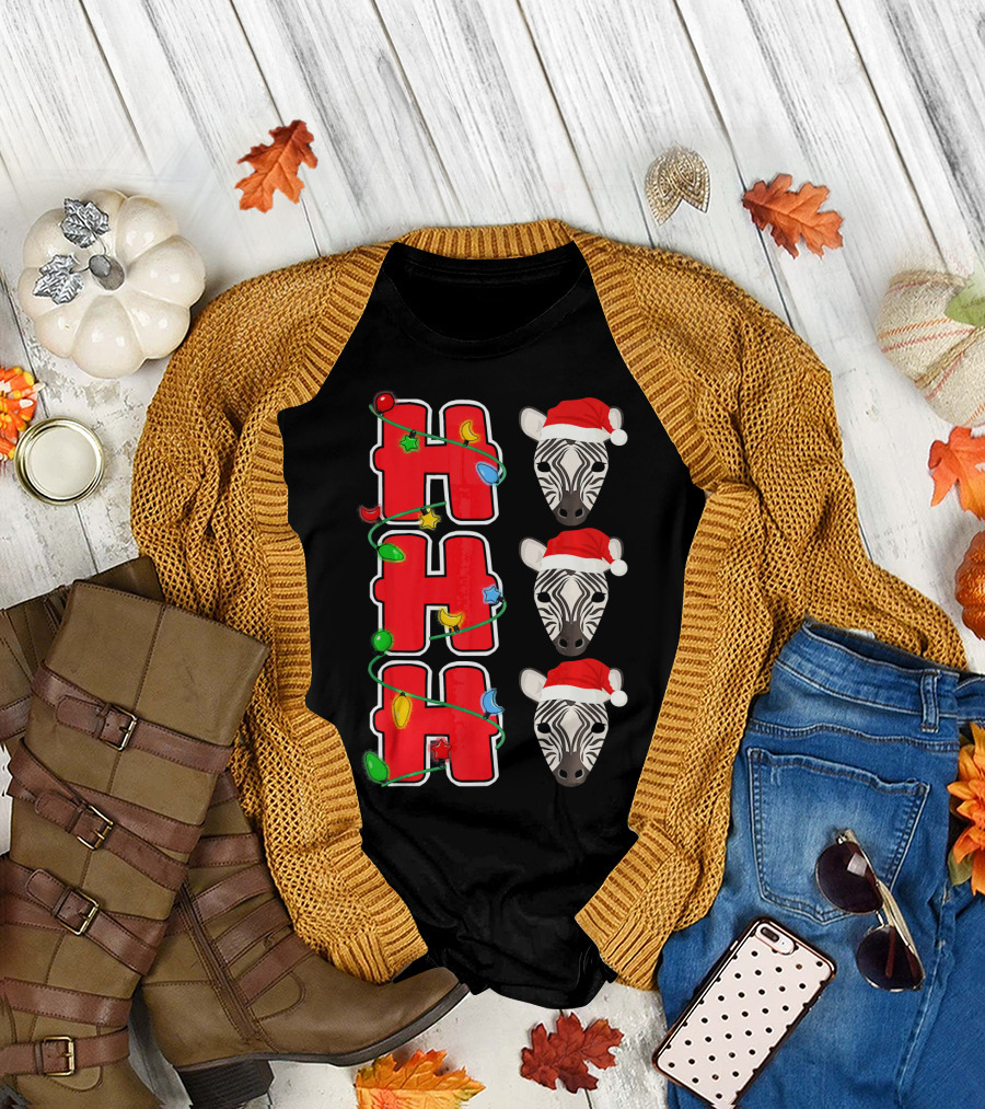 Ho Ho Ho Santa Zebra Christmas Lights Festive Hat Three Zebras T-Shirt