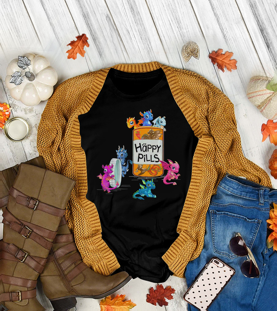 Happy Pills Dragon Bottle with Colorful Dragons T-Shirt