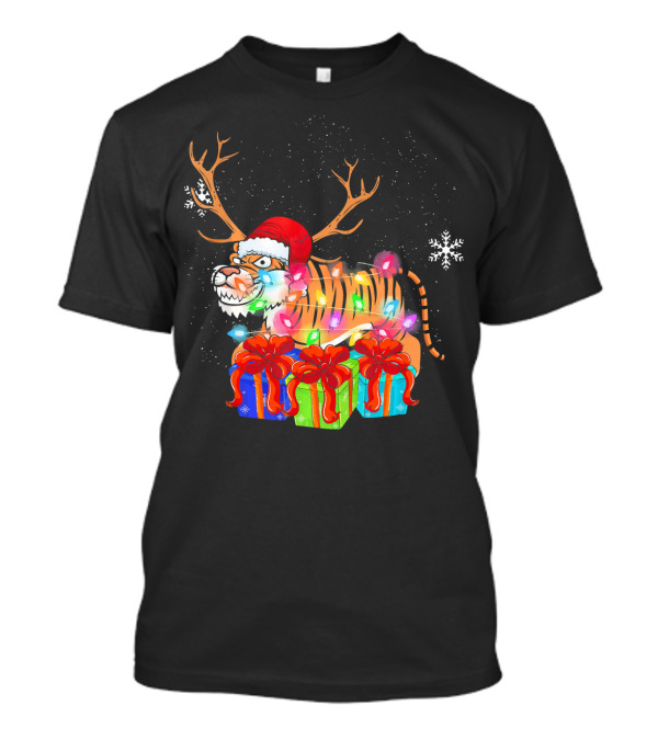 Funny Christmas Tiger With Santa Hat And Xmas Lights Reindeer T-Shirt