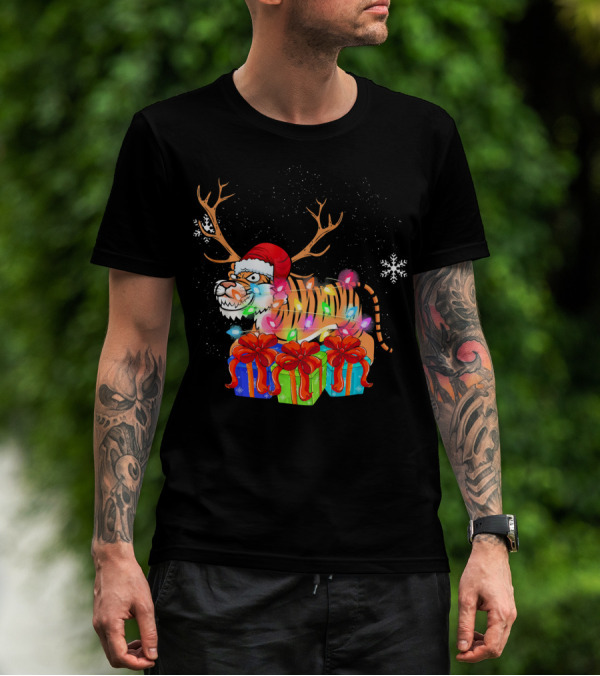 Funny Christmas Tiger With Santa Hat And Xmas Lights Reindeer T-Shirt