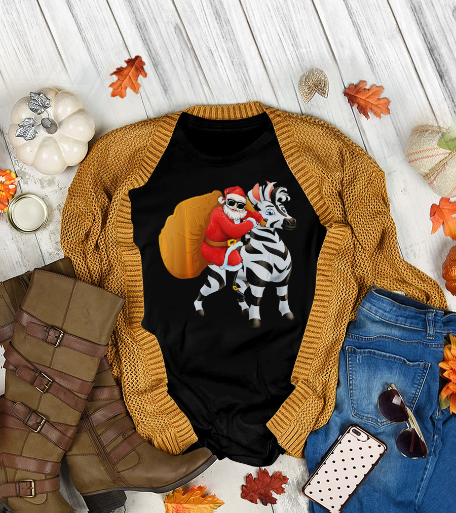 Santa Claus Riding Zebra with Sack and Sunglasses T-Shirt