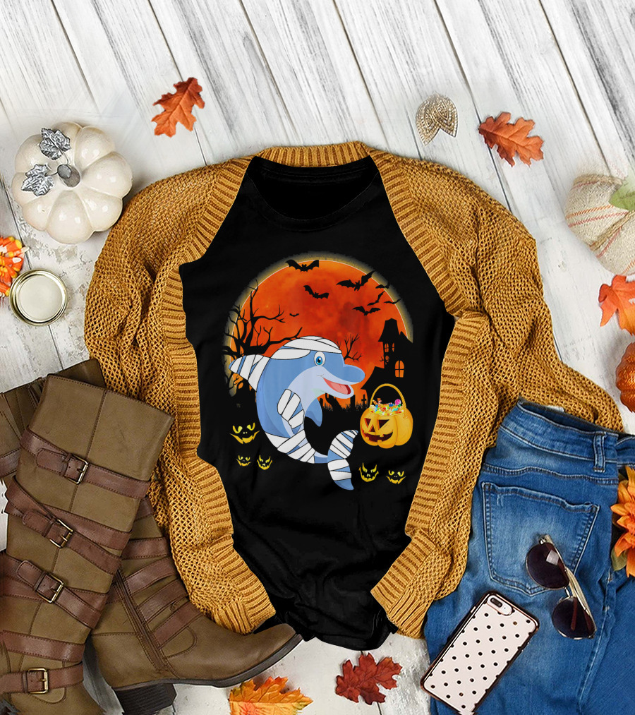 Mummy Dolphin Halloween with Pumpkin Candy Basket and Spooky Orange Moon T-Shirt
