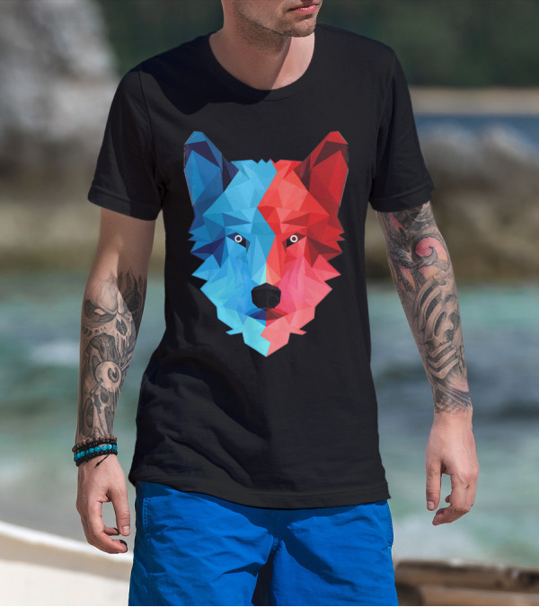 Geometric Wolf Red Blue Triangular T-Shirt