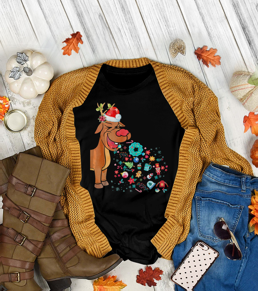 Funny Christmas Reindeer with Santa Hat and Festive Decorations T-Shirt