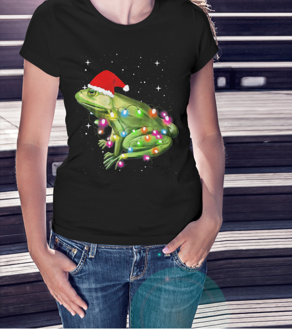 Christmas Frog With Lights And Santa Hat T-Shirt