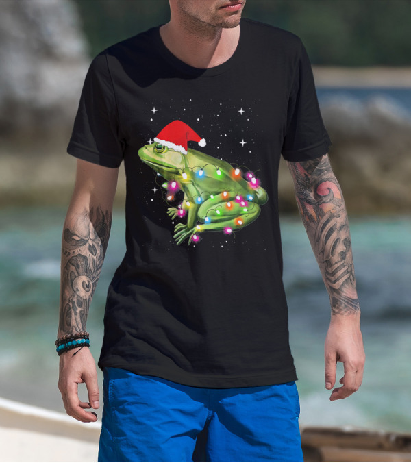 Christmas Frog With Lights And Santa Hat T-Shirt