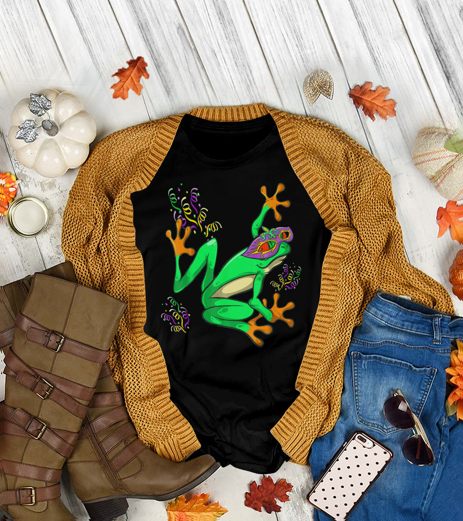 Frog Mardi Gras Mask and Colorful Confetti T-Shirt