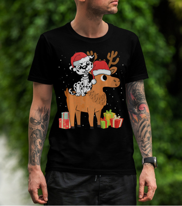 Funny Dalmatian Riding Deer With Santa Hats And Christmas Gifts T-Shirt