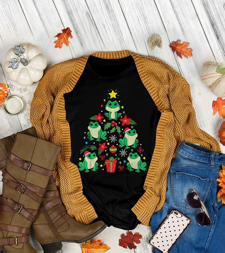 Frog Christmas Ornament Tree with Santa Hat and Gifts T-Shirt