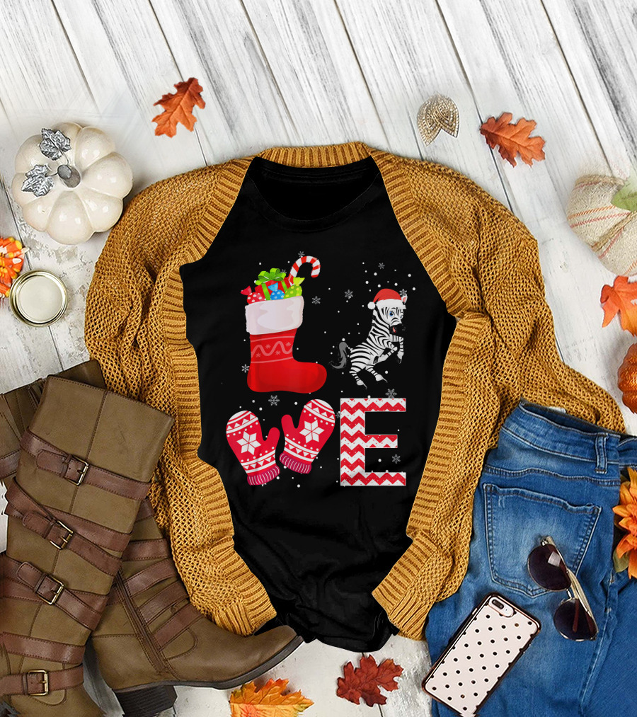Funny Christmas Zebra Love Santa Stocking Mittens T-Shirt